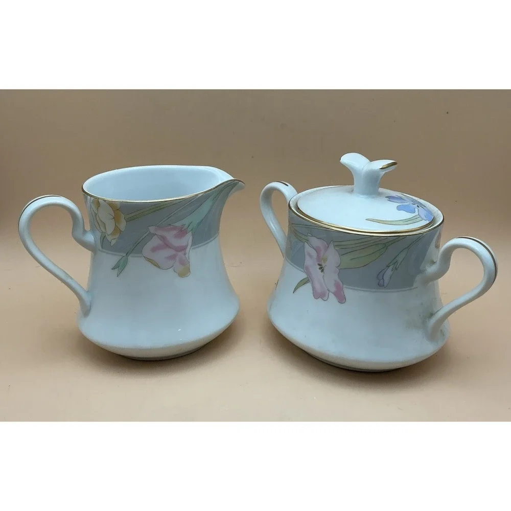 Mikasa Charisma Gray Sugar Bowl Lid Creamer Set Fine China L9049 Vintage Japan